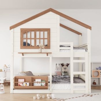 Bellemave Full Over Full Bunk Bed House Bunk Bed with Roof & Window, Low Loft Bunk Bed with Guardrails Shelf Bookcase for Teens, and Beige