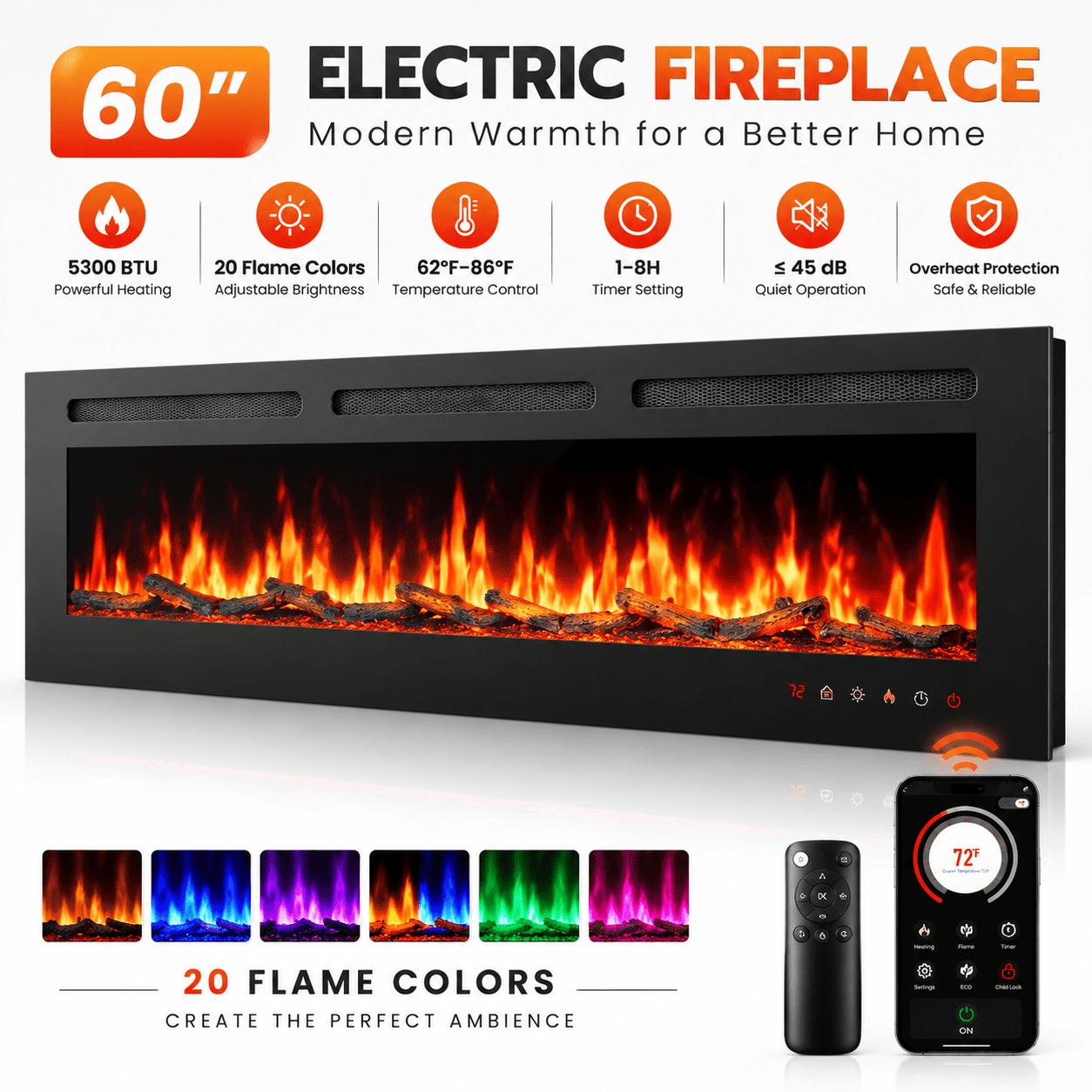 60" Ultra Thin Electric Fireplace Heater with App & Remote Control, 5300 BTU Recessed Wall Mounted Fireplace, Multicolor Flame, Touch Screen, Timer, WiFi Enabled