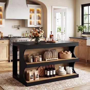 55" Kitchen Island with Storage & Seating, Stationary Island Table with 2-Tier Open Shelves, Two-Sided Farmhouse Kitchen Island for Dining Room