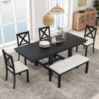 Harper & Bright Designs Farmhouse Extendable Dining Table Set for 6, Solid Wood Rectangular Kitchen Table Set with Removable Leaf, 4 Upholstered Chairs and Bench, Black
