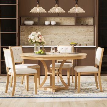 Harper & Bright Designs Round Extendable Dining Table Set for 4, 5 Piece Retro Functional Wood Dining Table Set with 4 Upholstered Chairs for Kitchen, Natural
