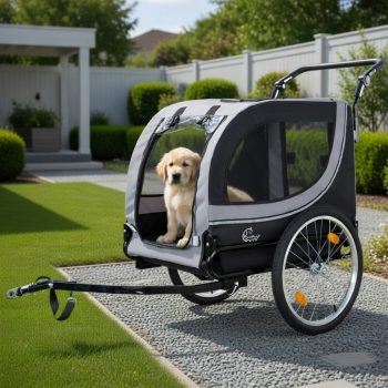 Pefilos 2-in-1 Foldable Dog Bike Trailer and Pet Stroller for Large Dogs up to 100 lbs, All-Terrain Air-Filled Wheels, Breathable Mesh Enclosure, PVC Rain Cover