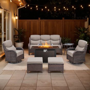 Bellefurn Luxury 7-Piece Outdoor Patio Furniture Set with Fire Pit Table,Swivel Rocker Chairs 6-inch Extra Thick Cushions,Sofa and Ottomans,Patio Wicker Conversation Sets for Porch Deck Backyard