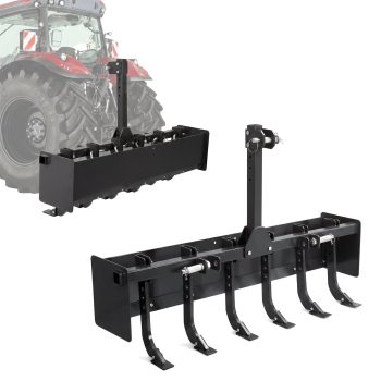 55" Heavy Duty Tractor Box Blade with 6 Adjustable Scarifier Shanks and 3-Point Hitch, Land Leveler for Driveway Grading & Soil Preparation, Compatible with CAT 0/1 Tractors