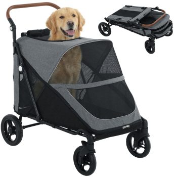 Dog Stroller for Large Dogs Up to 66lbs, All-Terrain Wheels, Adjustable Handle, One-Hand Fold, Oxford Fabric, Gray - 34.6" x 20.1" Interior