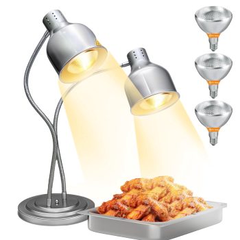 WantJoin Food Heat Lamp - 2-Head Electric Heating Lamp for Food, 500W Small-Sized Rubber Pad Base Commercial Food Warmers with 3 Bulbs for Catering, Restaurant, Buffet, Party & Home Use, Black