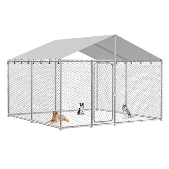YOKWOK 10x10ft Heavy Duty Outdoor Dog Kennel with Waterproof UV Resistant Roof Cover and Secure Lock, Metal Galvanized Steel Fence with Gate, Large Dog Kennel Outdoor Enclosure for Backyard Farm Use