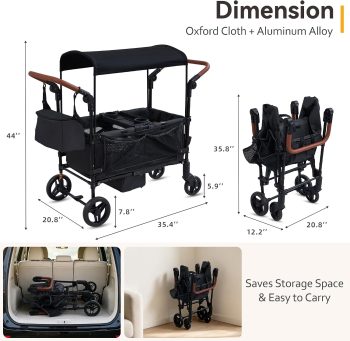 Stroller Wagons for 2 Kids, Linor Collapsible Wagons with Seat Belts and Canopy, Kids Beach Carts with Big Wheels for Sand, Folding Wagons for Shopping, Picnics, Camping, Garden (Stroller Wagon)
