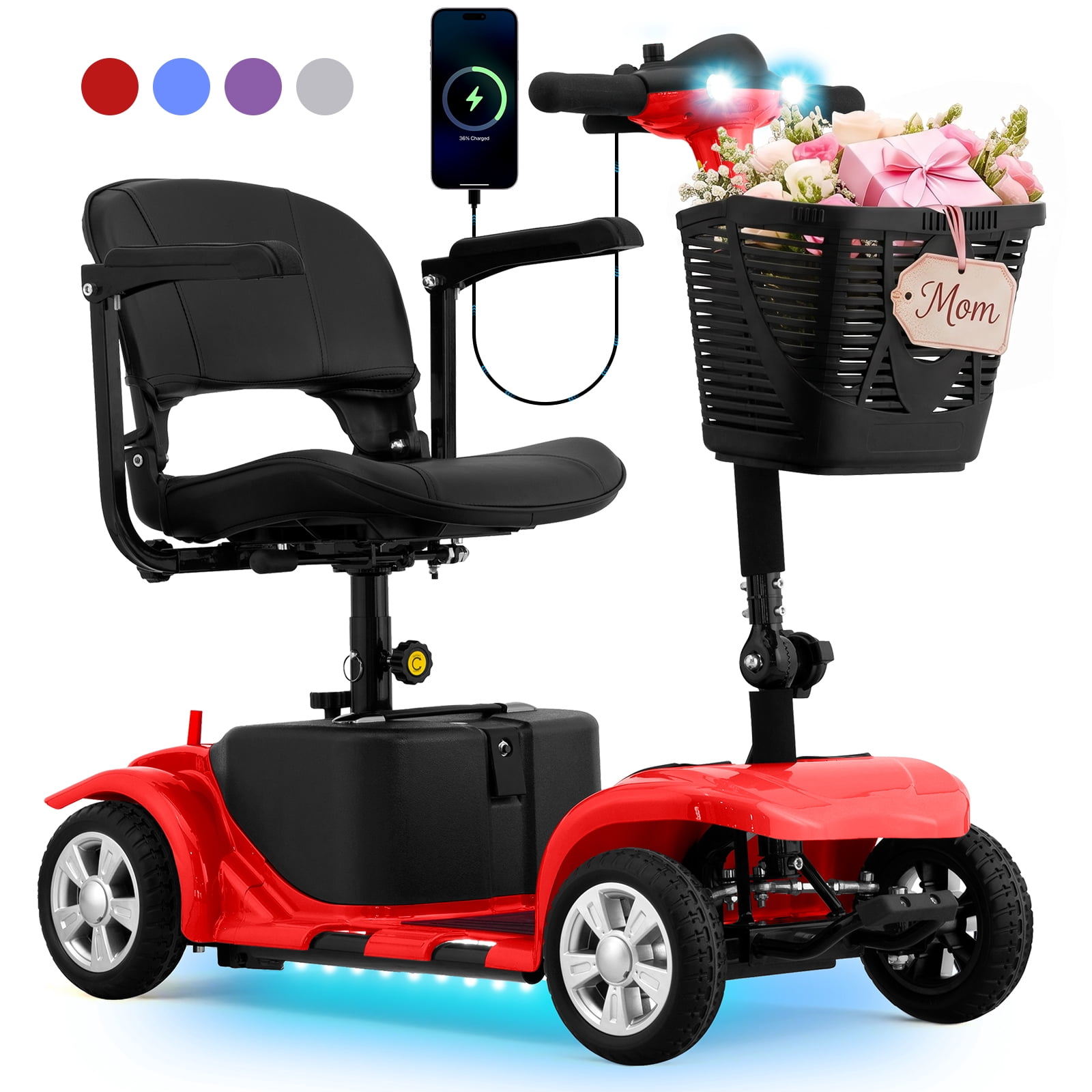 SKRT Mobility Scooter for Adults, Senior, skmc 4 Wheels Electric Powered Chargeable Device for Travel, Lightweight and Portable, with LED Headlights and Basket, Charger Included, Best Present for Mom