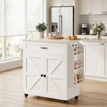 IRONCK Kitchen Island Cart, Farmhouse Rolling Kitchen Cart with Drop Leaf, Storage for Small Kitchens, White
