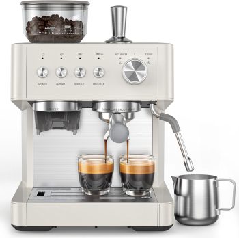 Moifoi Crema Supreme Espresso Machine with Conical Burr Anti-Clog Grinder and Steam Wand ABS , New White