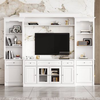 KULAGAGA 104.3"W 4-Piece Entertainment Center Wall Unit Set For TVs Up to 65", Modern TV Stand Large Media Console Cabinet with 13 Shelves, 5 Drawers & Countertop,White