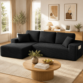 108" Boneless Sofa for Living Room, Neche Modern L-Shaped Corduroy Sectional, Modular Cloud Couch with Deep Seating Upholstered Sofa, Oversized,No Assembly, Black