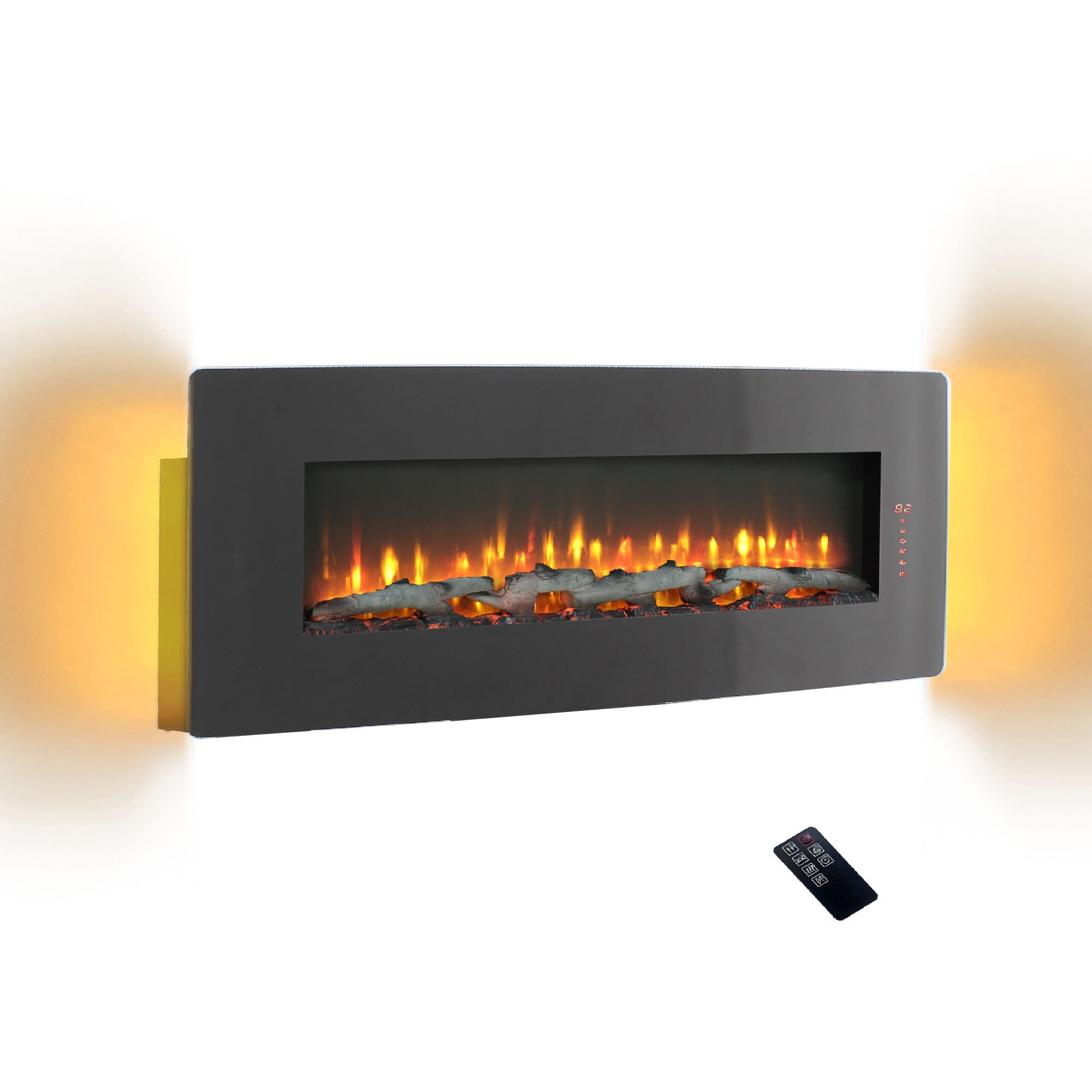 48 inch Curved Wall Mounted Electric Fireplace with Remote, Multi Color Flame & Ember Bed, Antique Black, for Living Room Bedroom