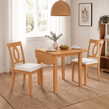 3-Piece Drop Leaf Wood Dining Table Set with 2 Upholstered Chairs, Folding Extendable Table for Small Spaces and Apartments, Natural and Beige