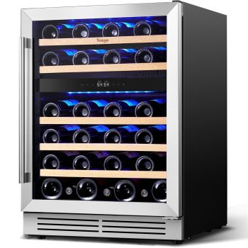 Yeego 24 Inch Dual Zone Wine Fridge Cooler, Holds 52 Bottles, 40-65F Wine Refrigerator with Glass Door, Built-in and Freestanding Under Counter