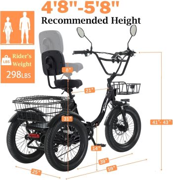 Narrak Electric Tricycle for Adults, Folding Fat Tire 3 Wheel Electric Bike, Peak 1100W Step-Thru Etrike with 48V 13AH Removable Battery & Large Baskets**