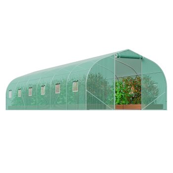 KFFKFF Tunnel Greenhouse, 29.5x9.8x6.6 ft, Peaked Roof, Green PE Fabric, Steel Frame, Roll-up Door, 12 Ventilation Windows, for Garden