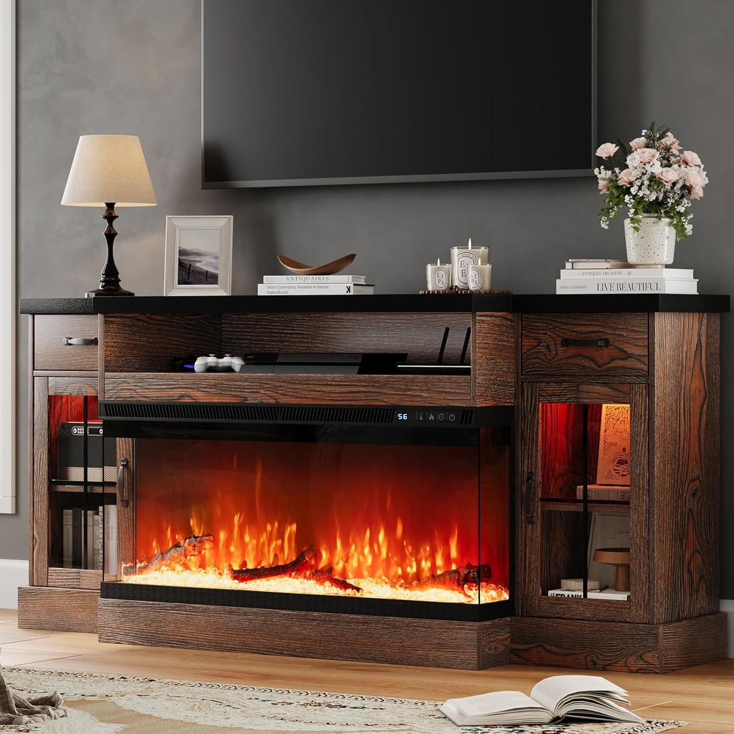 DreamCurship Fireplace TV Stand for TVs up to 80", Farmhouse TV Stand with Electric Fireplace, Glass Door Entertainment Center with Led Light, Media Console Table for Living Room