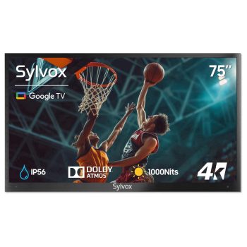 Sylvox 75" Outdoor Smart TV, 4K Uhd 1000nits with Dobly Atmos, Google TV with Voice remote, IP55 Waterproof,Google cast,Patial Sun,Deck Pro 2.0
