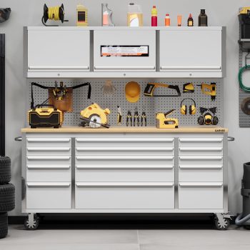 72" Heavy-Duty Rolling Tool Chest & Mobile Workbench, 9 Drawers & 3 Top Cabinet Rubber Wood Tabletop, Key Locking System, Drawer Liners & Wheels, Steel Garage Storage