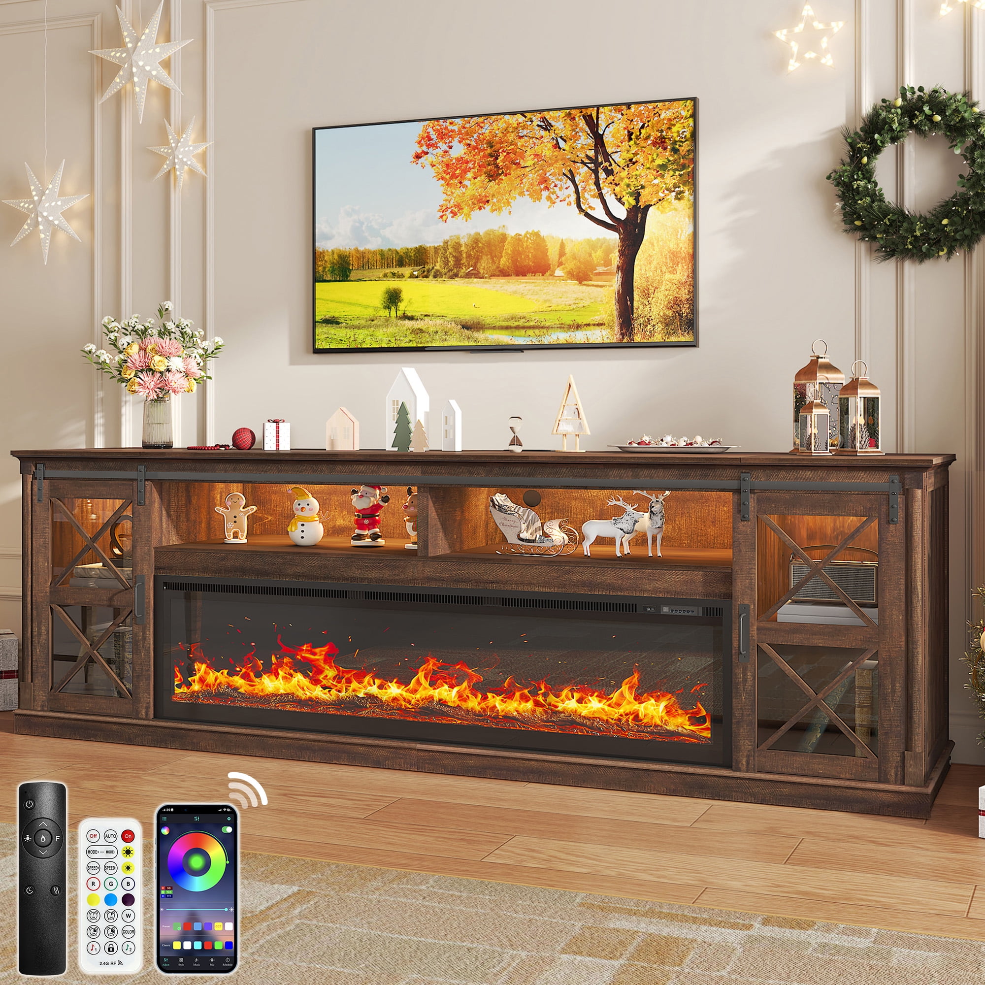 Aphthongs 94" Farmhouse Fireplace TV Stand with 60" Electric Fireplace, Sliding Barn Door Media Console with LED Lights & Power Outlet, Rustic Long TV Cabinet for Living Room, Bed Room