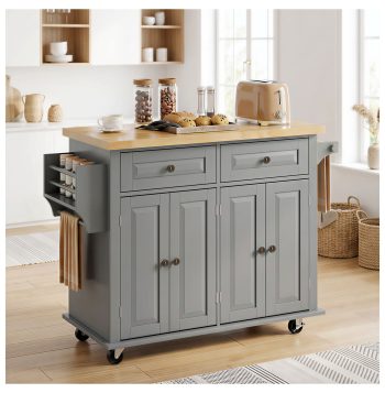 44" Kitchen Island Cart with Storage, Mobile Kitchen Island on Wheels with Drawers & Cabinets, Gray