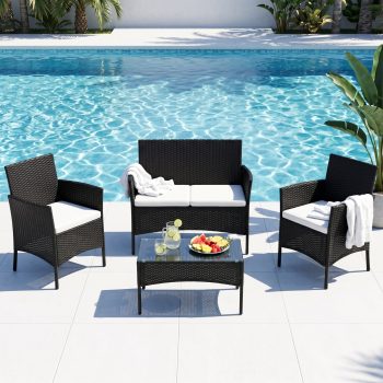 Ktaxon 4Pcs Rattan Wicker Conversation Set with Tempered Glass Table, Outdoor Patio Wicker Furniture Sofa Set for Garden, Poolside, Deck, Lawn