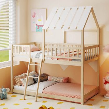 Costway Twin Over Twin House Bunk Bed with Roof, Ladder & Full-length Guardrails for Kids