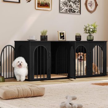 Hzuaneri Dog Crate Furniture for 2 Dogs, 63" Large Dog Kennel with Divider and Cushion for Medium Large Dogs, Double Dog Crate Furniture TV Stand