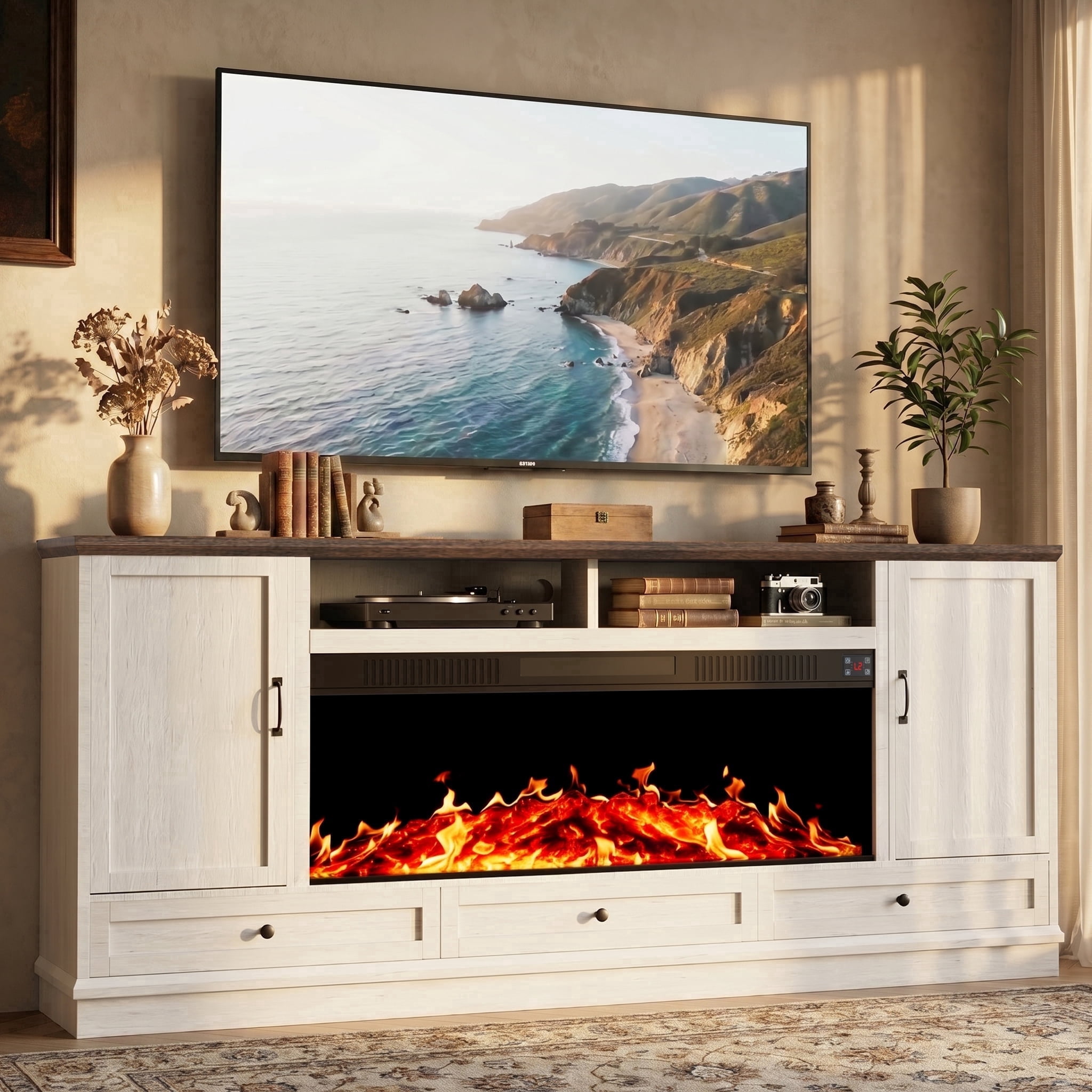 Time Ray Fireplace TV Stand for TVs Up to 90", Electric Fireplace with Media Console with Storage, Adjustable Shelves & Sliding Barn Doors