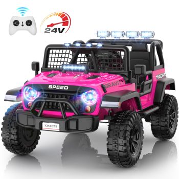 Funcid 24 Volt Ride on Toys with Remote Control, 400W 2-Seater Ride on Cars with Colored LED Lights & Battery Indicator, Electric Car for Kids w/ Bluetooth, Light Control, Volume Knob