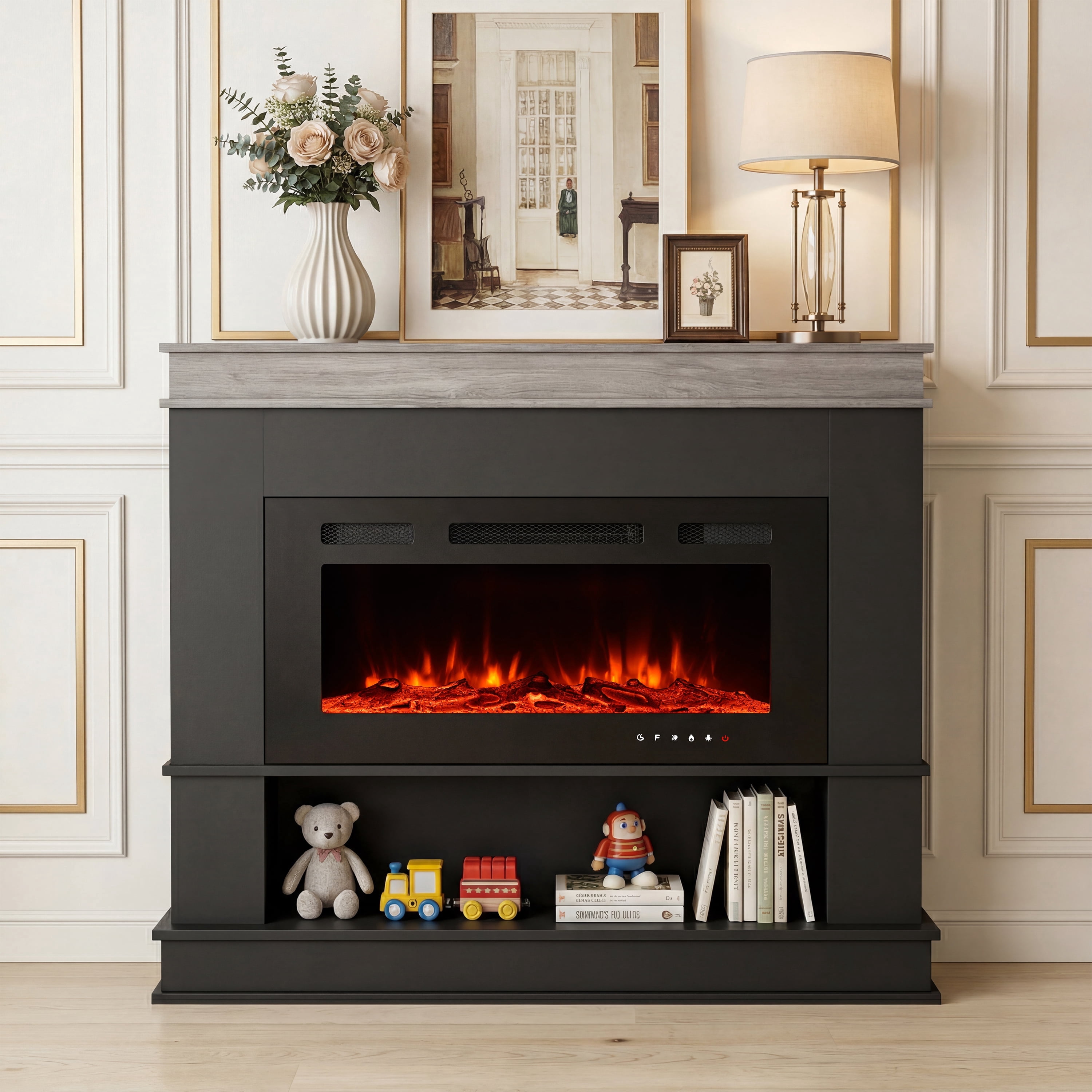 Maxhonor 40" Electric Fireplace with Mantel, 3D Dynamic Flame, 750W/1500W Dual Heating, Whisper-Quiet, Open Storage, Touch & Remote Control
