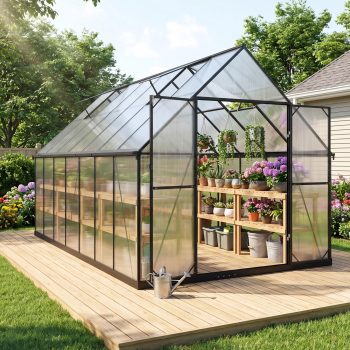 Coumy 8' x 14' Walk-in Polycarbonate Greenhouse, Heavy Duty Aluminum Frame Outdoor Walk-in Green House with 4 Roof Vents, Lockable Double Doors