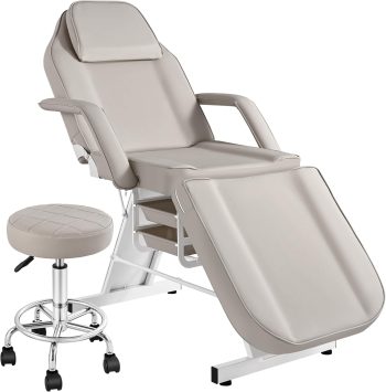 Facial Tattoo Chair, Esthetician Lash Bed Multi-use Tattoo Massage Table for Artist with Hydraulic Stool, 3-Section Beauty Barber Spa Salon Equipment w/Removable Armrests & Headrest