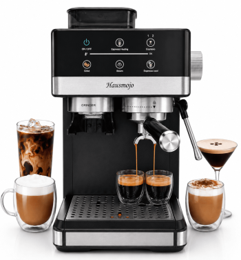 Hausmojo M5520 Espresso Machine with Grinder & Milk Frother , 20 Bar Semi-Automatic Cappuccino Latte Maker for Home