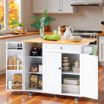 Kitchen Island with Storage, Lofka Rolling Kitchen Cart with Solid Wood Top,Drawers, Spice Rack & Towel Bar - Mobile Workstation for Small Kitchen,Dining Room, White