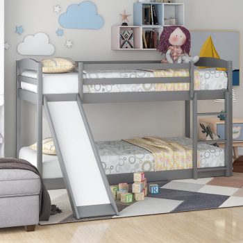 Euroco Solid Wood Kids Twin over Twin Bunk Bed with Slide and Ladder
