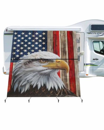 4th of July RV Awning Sun Shade Screen 9'X7' Patriotic EagleAmerican Flag Mesh Sunscreen Red White and Blue Wood Awning Shade Screen with Zipper UV Blocker Completed Kits for RV Motorhome Camper