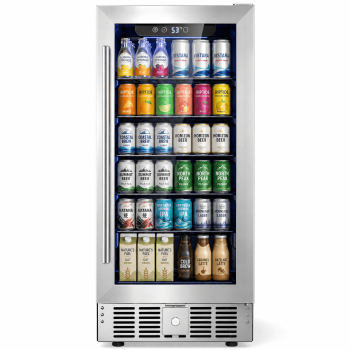 Snowyermine 15 Inch Beverage Refrigerator with Glass Door, 160 Cans Under Counter Wine Fridge for Home Kitchen, Bar or Office, Stainless Steel