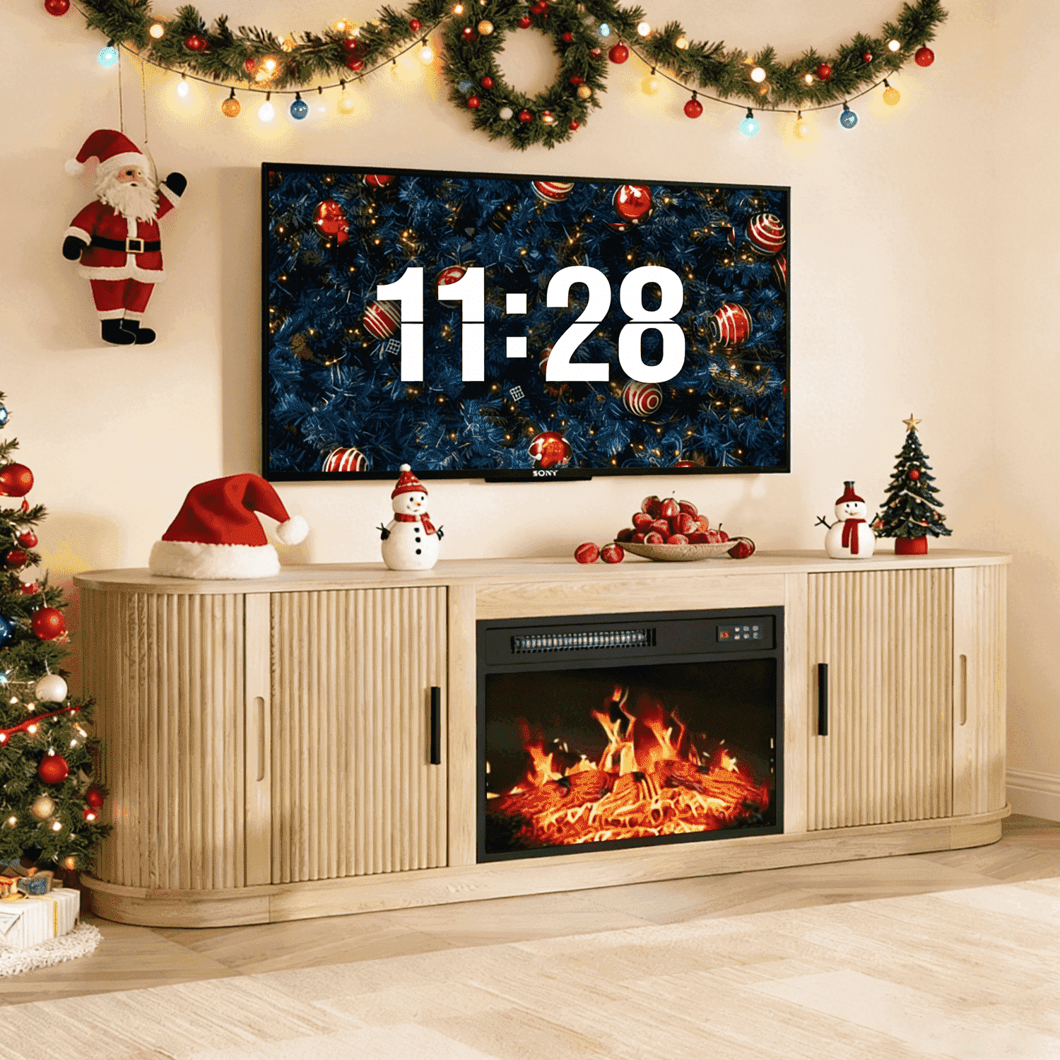 BOSSIN Fireplace TV Stand with Sliding Doors, Mid-Century Modern Entertainment Center with Electric Fireplace & Storage
