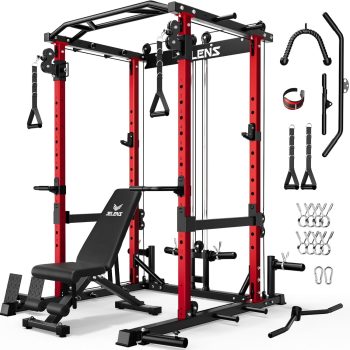 Squat Rack for Home Gym, 2000LBS Power Rack with Adjustable Pulley System, Power Cage Workout Equipment with LAT Pulldown and Training Attachment