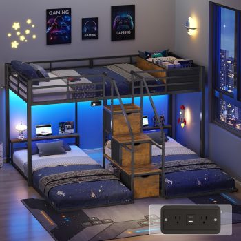 Afuhokles Modern L-Shaped Triple Bunk Bed with Integrated Storage Stairs, LED Atmosphere Lights and Charging Station - Heavy Duty Twin Metal Bed Frame with 3 Storage Drawers