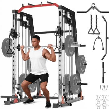 GARVEE Smith Machine Home Gym Power Cage,2200 lbs Squat Rack with LAT Pulldown,Cable Crossover & Leg Hold-Down,Full Body Strength Equipment for Home Workout,Red