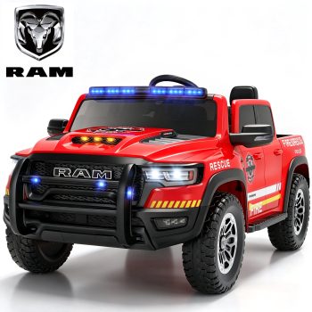 RAM 24V Ride On Car for Kids, 2 Seats Electric Car w/Remote Control, Bluetooth, MP3 Music, Lights, Powered Ride On Toy with 4 Wheels Spring Suspesion for Age 3-8 Boys & Girls, Fire Truck