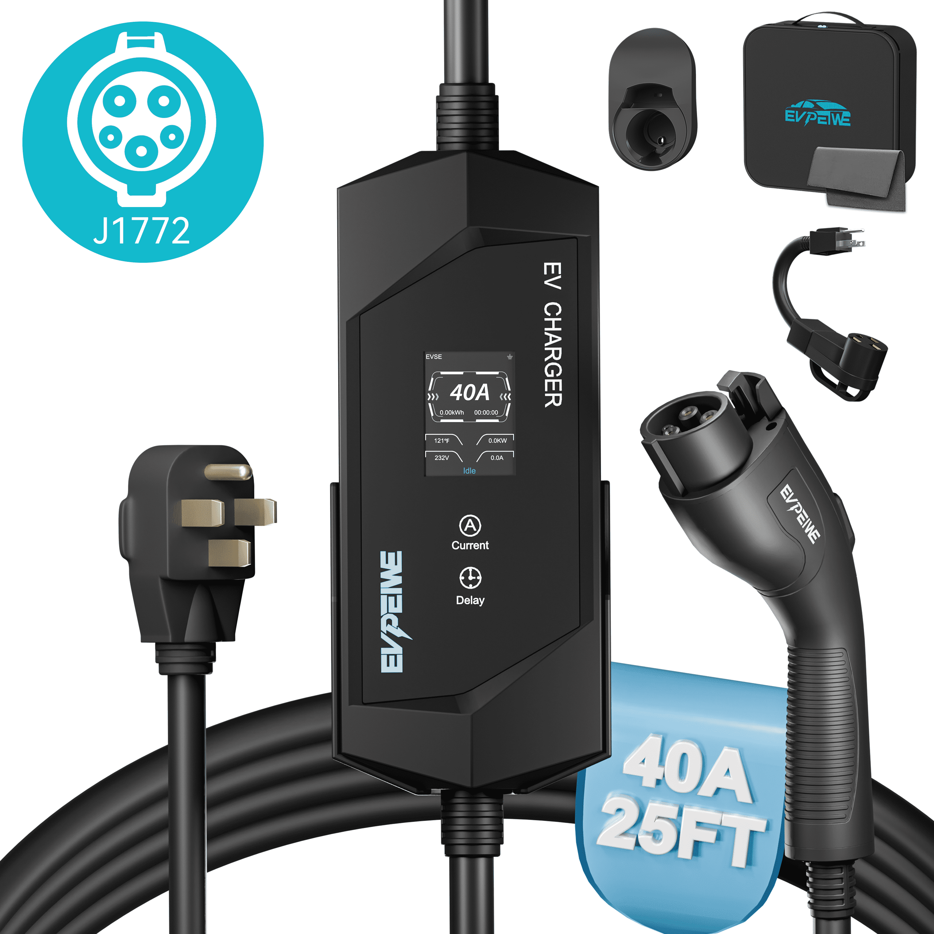 EVPEIWE,240V /40A J1772 Level 1/2 EV Charger 25ft, Portable EV Charger with NEMA 14-50/NEMA 5-15 Plug