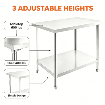 Heavy Duty 48x30x35 Inch Stainless Steel Prep Table with Adjustable Undershelf & Leveling Feet, Commercial Work Table for Kitchen Restaurant Cafe Food Truck