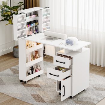 Advwin Professional Manicure Table with Extendable Nail Polish Cabinet, Dust Collector, LED Light & Wrist Rest, Rolling Nail Desk for Nail Tech, Beauty Nail Station for Home & Salon
