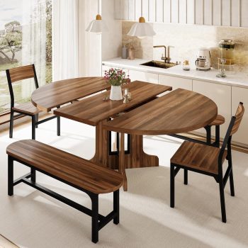 5-Piece Round Dining Table Set for 4-6,59" Extendable Dining Room Table Set with 2 Ergonomic Chairs & 2 Benches,Space-Saving