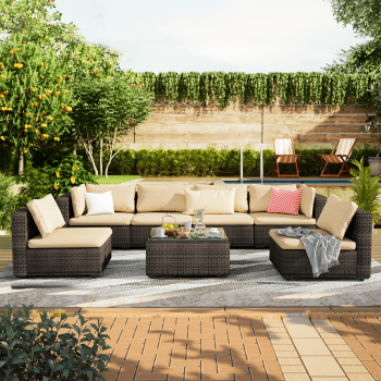 Grezone 7 Patio Outdoor Furniture Wicker Sectional Sofa Couch Lawn Sectional